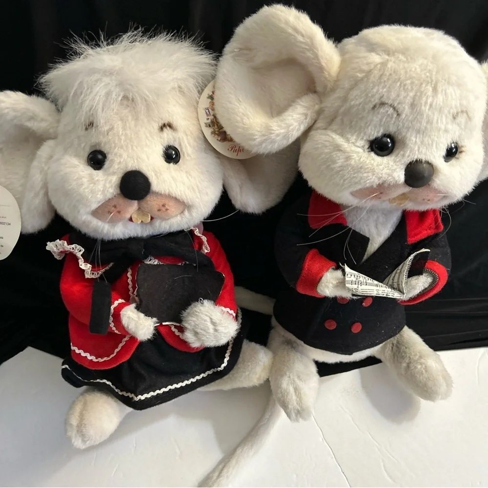 Plush White Mouse Pair in Red & Black Outfits - Soft Small Pet Plush Toys